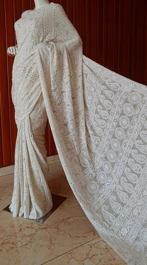 Ivory Ruhani Allover Chikankari and Mukaish Saree