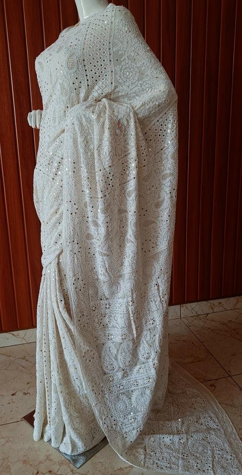 Ivory Ruhani Allover Chikankari and Mukaish Saree