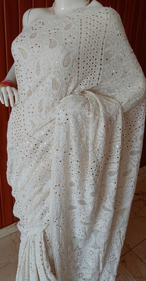 Ivory Ruhani Allover Chikankari and Mukaish Saree