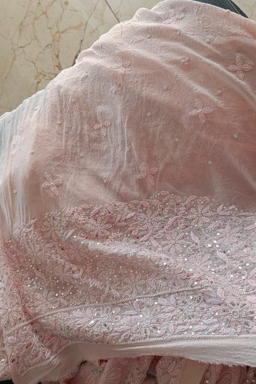 Ruhani Blush Pink 3 taar Chikankari Saree embellished with Pearl Sequins and Cut Dana