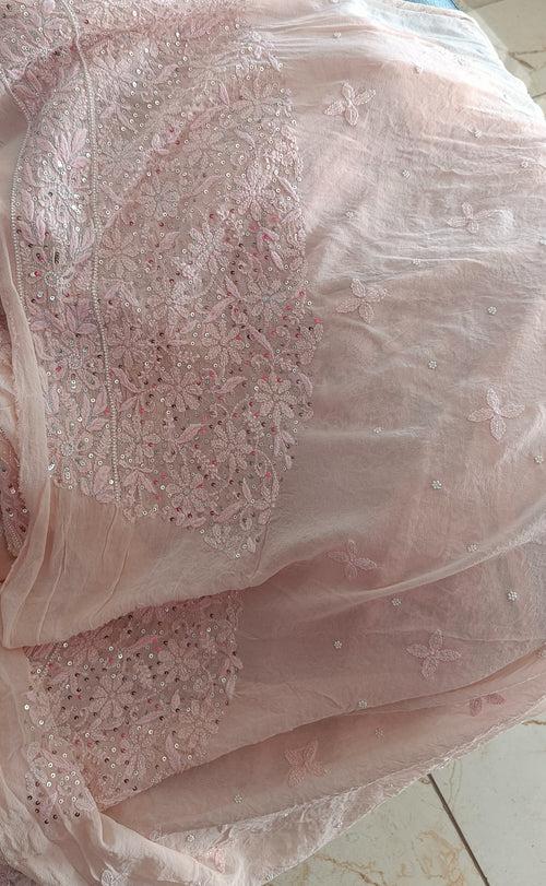 Ruhani Blush Pink 3 taar Chikankari Saree embellished with Pearl Sequins and Cut Dana