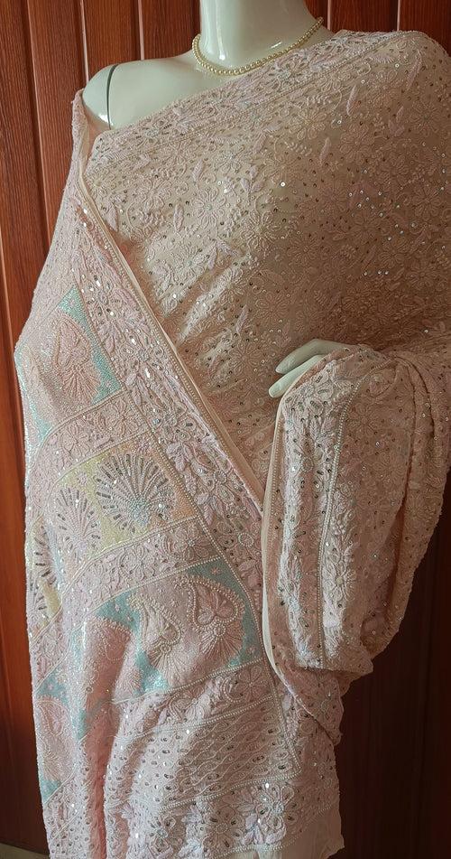 Ruhani Blush Pink 3 taar Chikankari Saree embellished with Pearl Sequins and Cut Dana