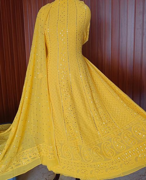 Yellow Allover Chikankari and Heavy Mukaish Anarkali with Dupatta