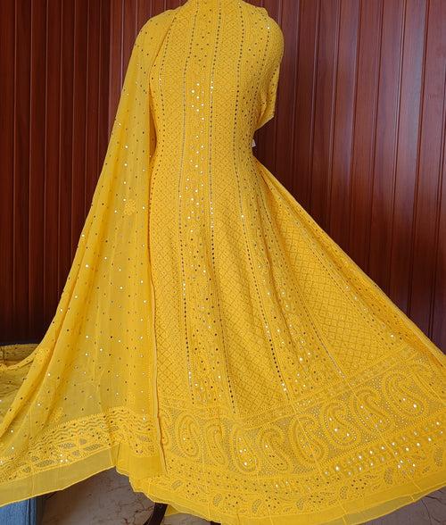 Yellow Allover Chikankari and Heavy Mukaish Anarkali with Dupatta