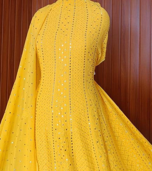 Yellow Allover Chikankari and Heavy Mukaish Anarkali with Dupatta