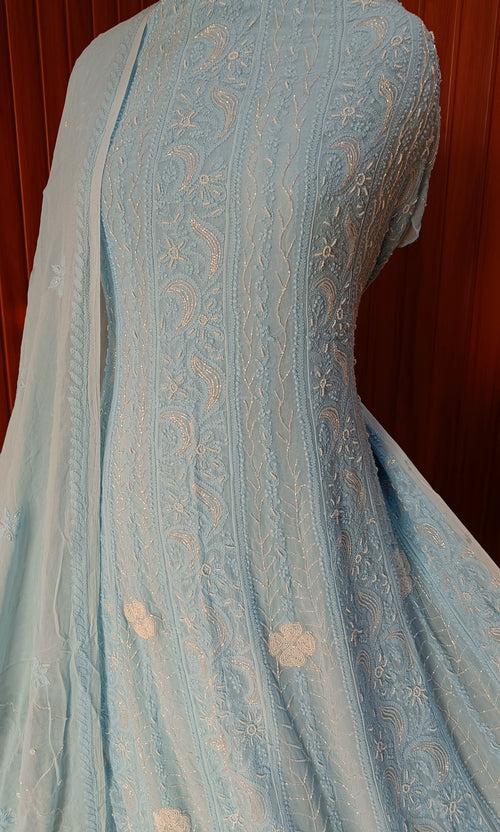 Sky Blue Chikankari Pearl Cut Dana Sequins Embroidered Anarkali with Dupatta