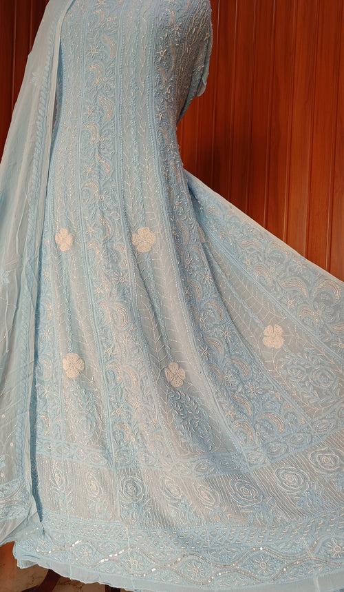 Sky Blue Chikankari Pearl Cut Dana Sequins Embroidered Anarkali with Dupatta