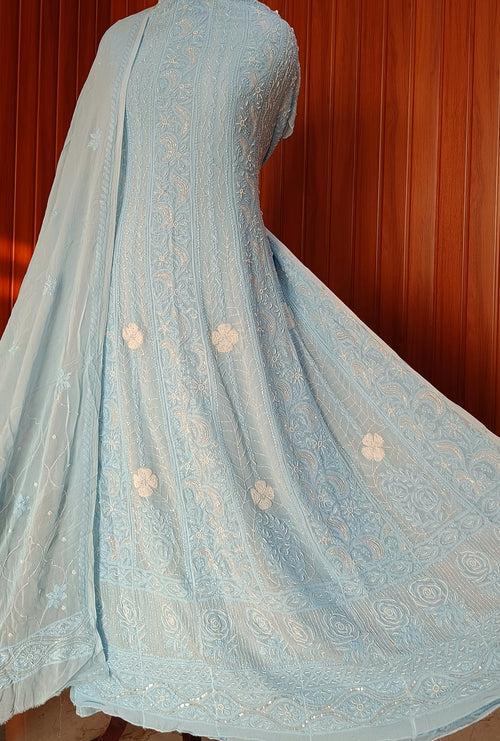 Sky Blue Chikankari Pearl Cut Dana Sequins Embroidered Anarkali with Dupatta
