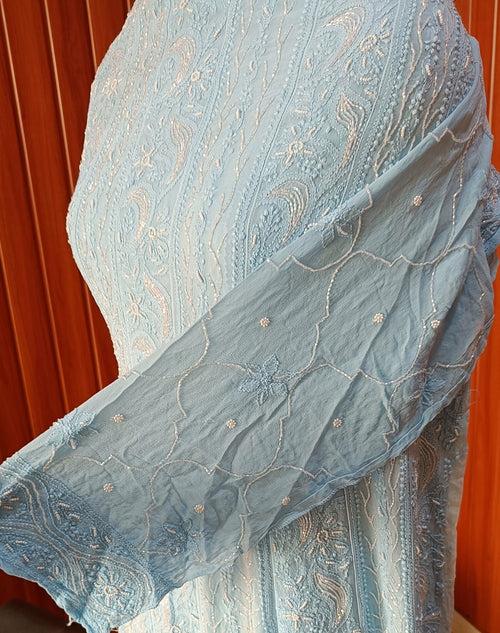 Sky Blue Chikankari Pearl Cut Dana Sequins Embroidered Anarkali with Dupatta