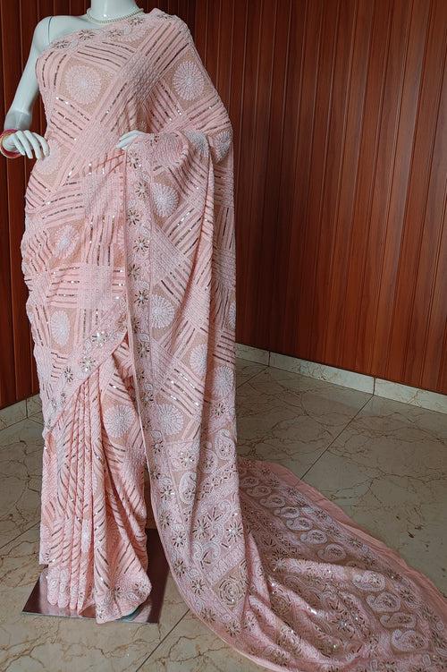 Peachy Ruhani Chikankari Saree with heavy Sequins Pearl and Aari Embroidery