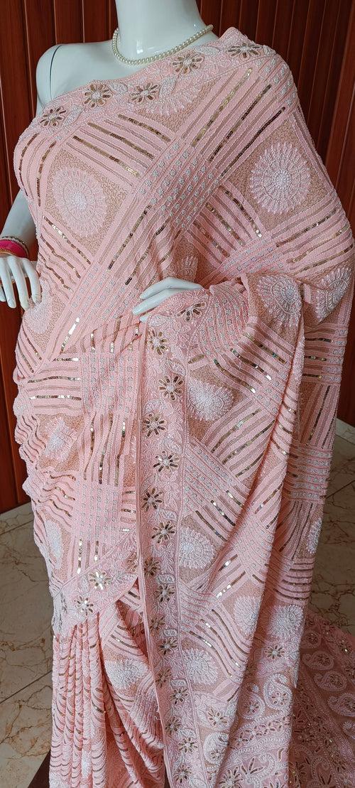 Peachy Ruhani Chikankari Saree with heavy Sequins Pearl and Aari Embroidery