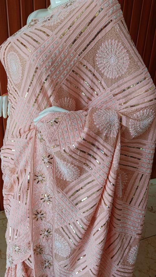 Peachy Ruhani Chikankari Saree with heavy Sequins Pearl and Aari Embroidery