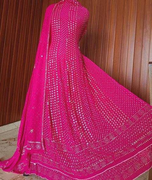 Hot Pink Allover Heavy Mukaish Georgette Anarkali with Dupatta