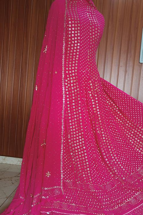 Hot Pink Allover Heavy Mukaish Georgette Anarkali with Dupatta