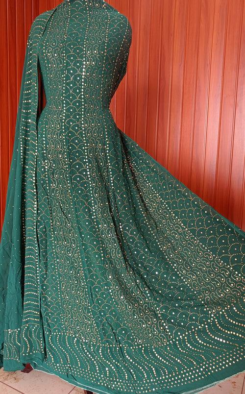 Bottle Green Allover Heavy Mukaish Georgette Anarkali with Dupatta