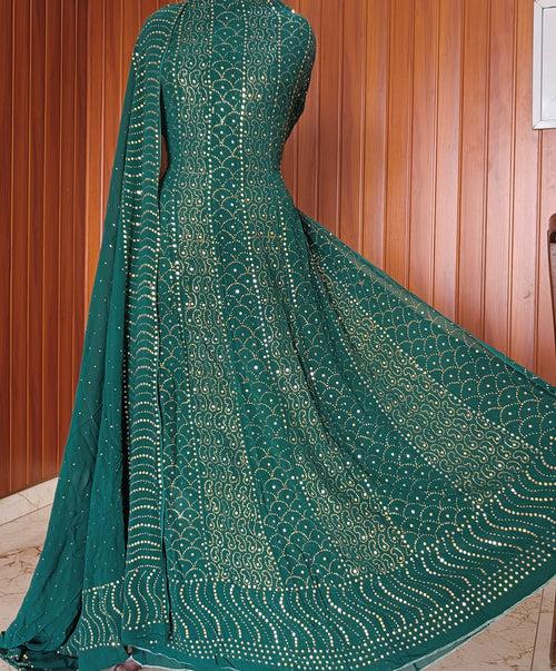 Bottle Green Allover Heavy Mukaish Georgette Anarkali with Dupatta