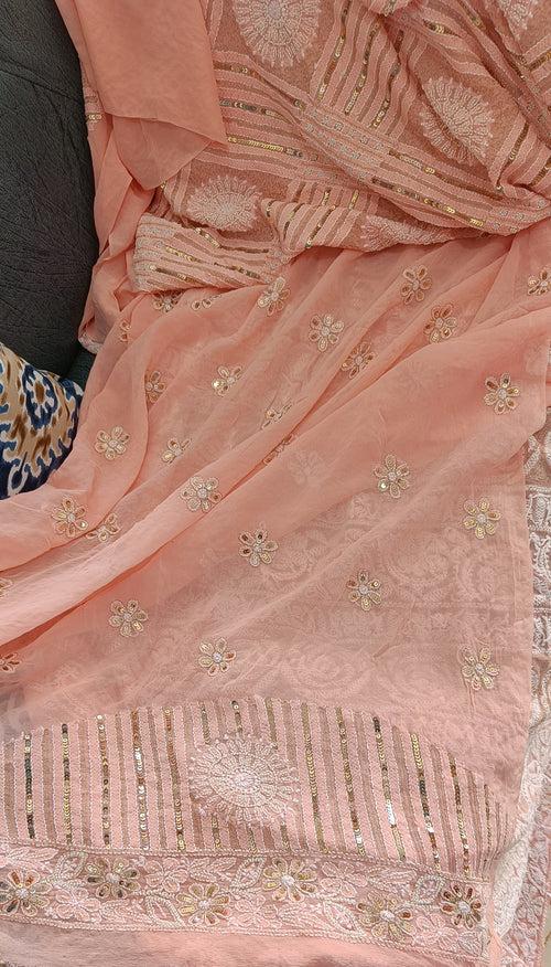 Peachy Ruhani Chikankari Saree with heavy Sequins Pearl and Aari Embroidery