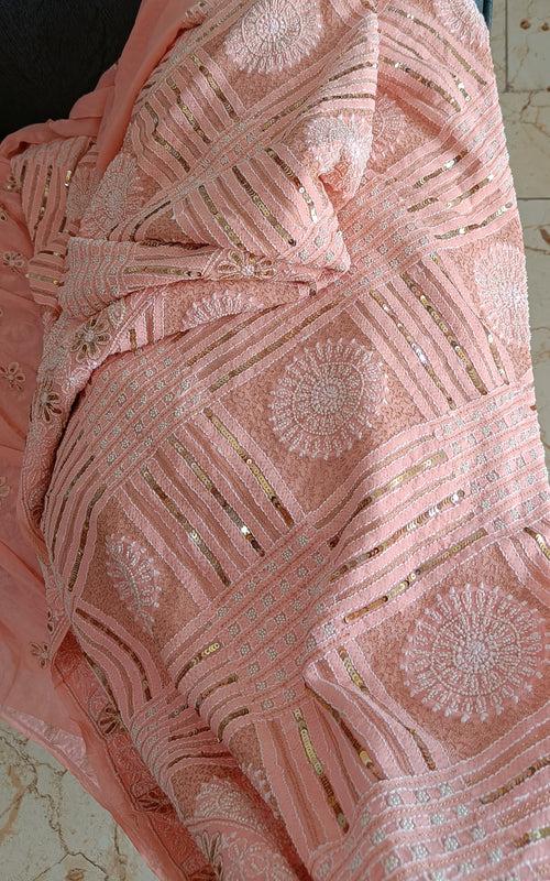 Peachy Ruhani Chikankari Saree with heavy Sequins Pearl and Aari Embroidery