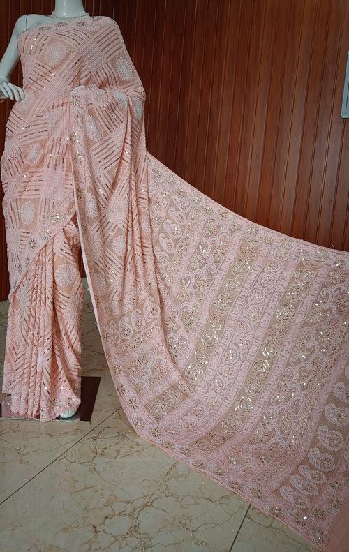 Peachy Ruhani Chikankari Saree with heavy Sequins Pearl and Aari Embroidery