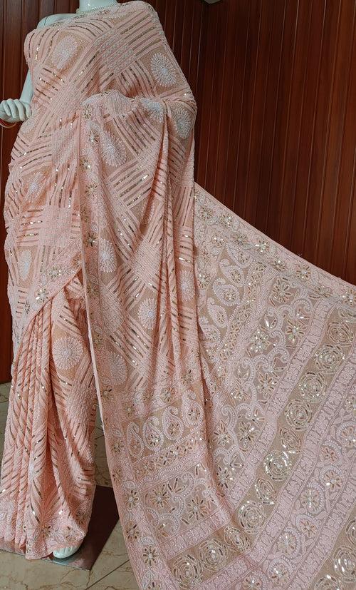 Peachy Ruhani Chikankari Saree with heavy Sequins Pearl and Aari Embroidery