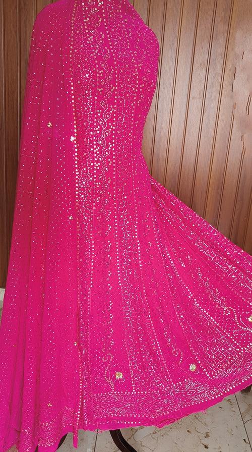 Hot Pink Allover Heavy Mukaish Georgette Anarkali with Dupatta