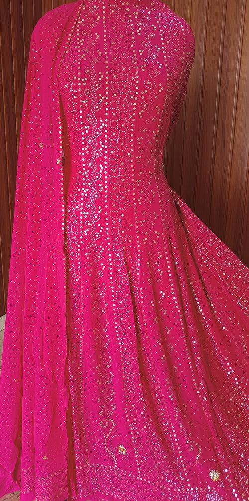 Hot Pink Allover Heavy Mukaish Georgette Anarkali with Dupatta