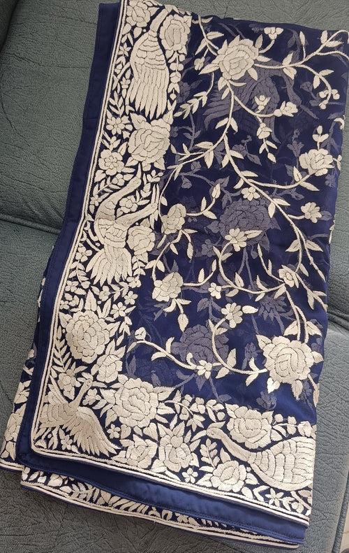 Navy Blue and Ivory Masterpiece Parsi Gara Hand Embroidered Dupatta