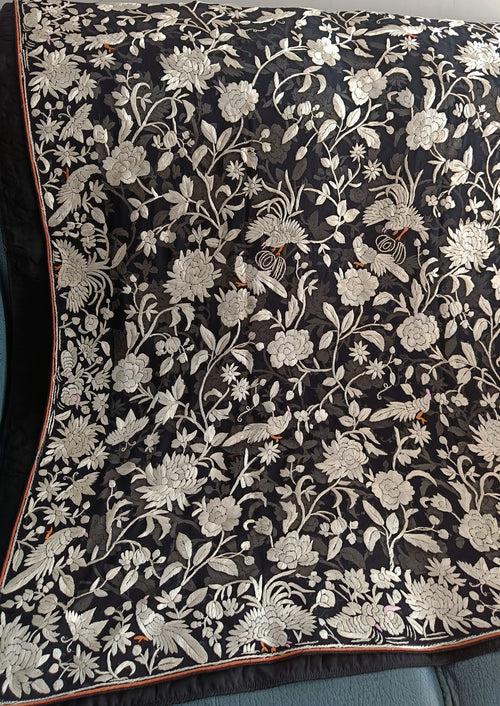 Black and Ivory Masterpiece Parsi Gara Hand Embroidered Dupatta