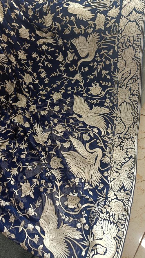 Navy Blue and Ivory Masterpiece Parsi Gara Hand Embroidered Dupatta