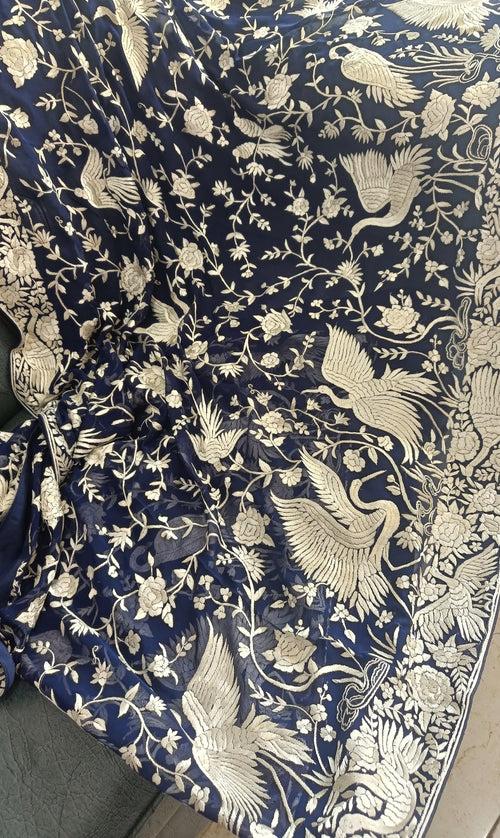 Navy Blue and Ivory Masterpiece Parsi Gara Hand Embroidered Dupatta