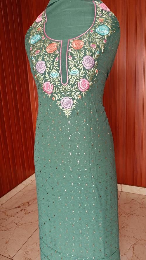 Green Parsi Gara & Allover Mukaish Kurta and Dupatta Set