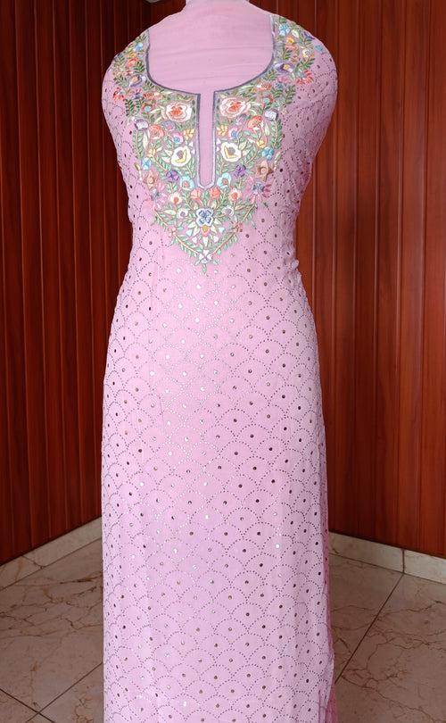 Pink Parsi Gara & Allover Mukaish Kurta and Dupatta Set