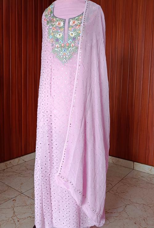 Pink Parsi Gara & Allover Mukaish Kurta and Dupatta Set