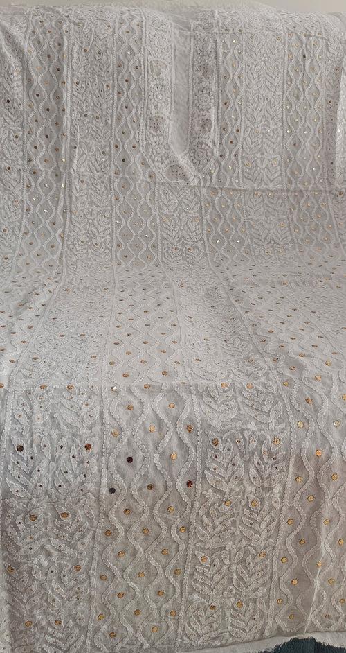 Ivory Pure Georgette Allover Chikankari and Mukaish Men's Kurta Fabric