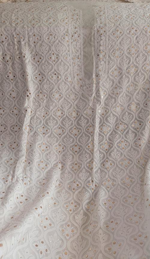 Ivory Pure Georgette Allover Chikankari and Mukaish Men's Kurta Fabric