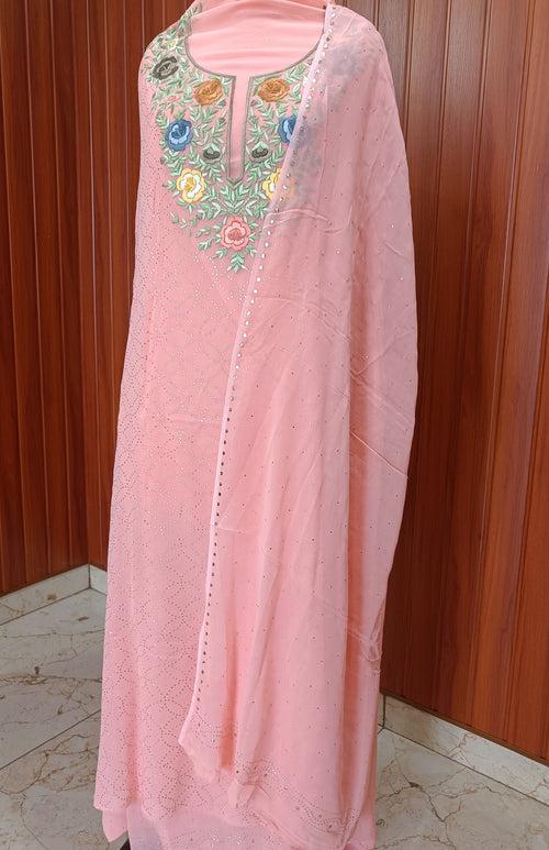 Peach Parsi Gara & Allover Mukaish Kurta and Dupatta Set