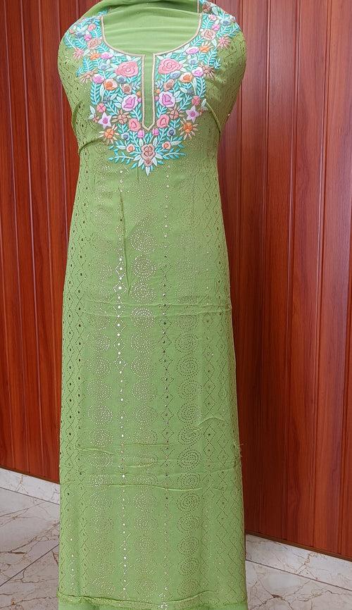 Pista Green Parsi Gara & Allover Mukaish Kurta and Dupatta Set