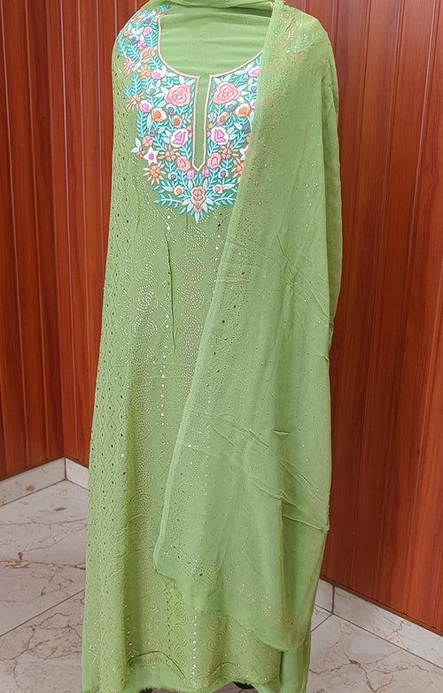 Pista Green Parsi Gara & Allover Mukaish Kurta and Dupatta Set