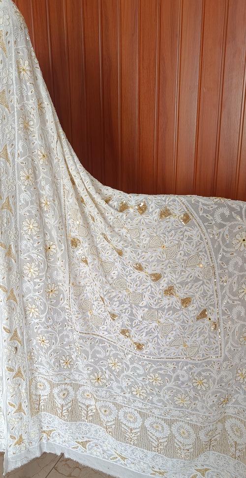 Off white Chikankari Pearl Sequins Cut Dana Kurta with Jaal Dupatta