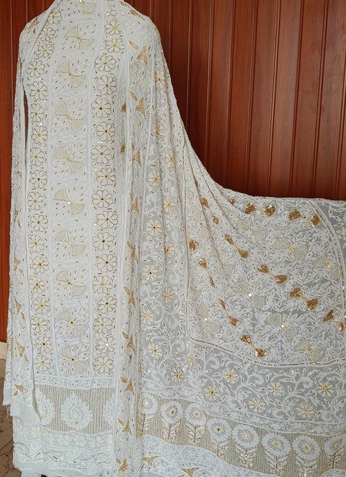 Off white Chikankari Pearl Sequins Cut Dana Kurta with Jaal Dupatta