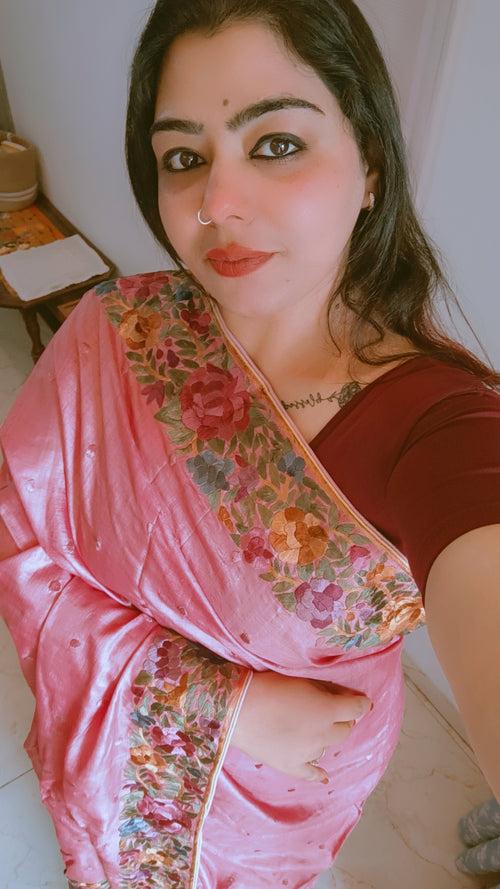 Pink Parsi Gara Hand Embroidered Tussar Silk Saree