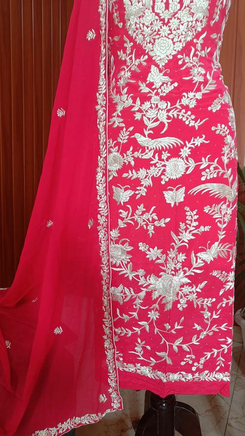 Strawberry Red Masterpiece Hand Embroidered Parsi Gara Full Suit