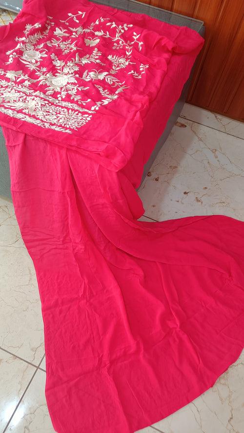 Strawberry Red Masterpiece Hand Embroidered Parsi Gara Full Suit