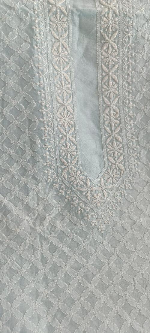 Light Blue Chanderi Silk Men's Kurta fabric with fine Chikankari