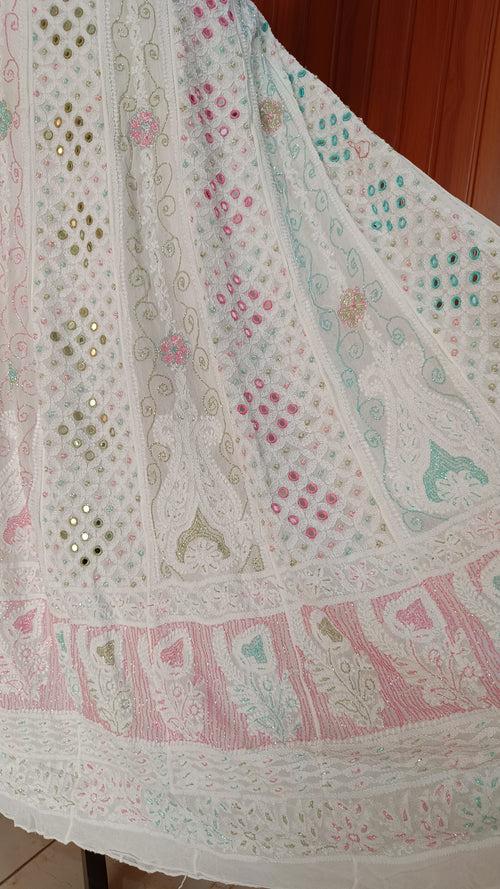 White Chikankari and Multicolored Cut Dana Mirror and Pearl Work Anarkali