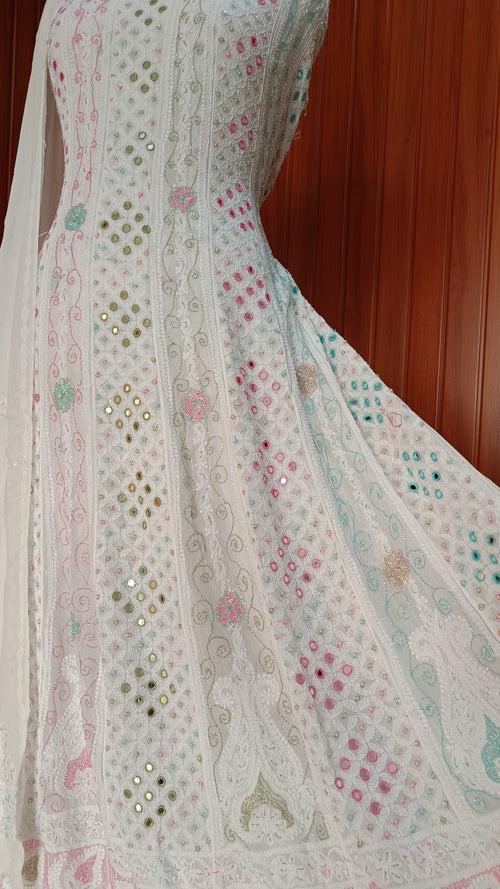 White Chikankari and Multicolored Cut Dana Mirror and Pearl Work Anarkali