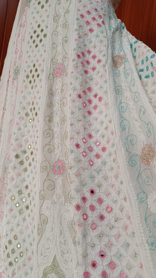 White Chikankari and Multicolored Cut Dana Mirror and Pearl Work Anarkali