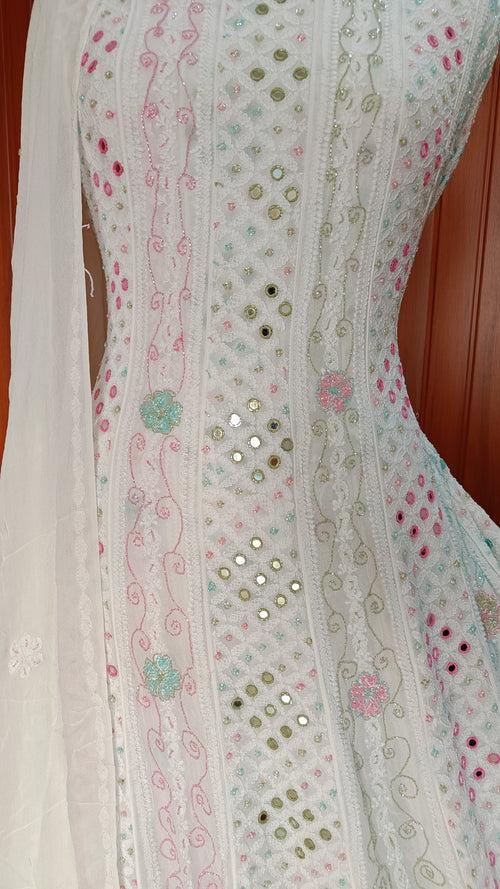 White Chikankari and Multicolored Cut Dana Mirror and Pearl Work Anarkali