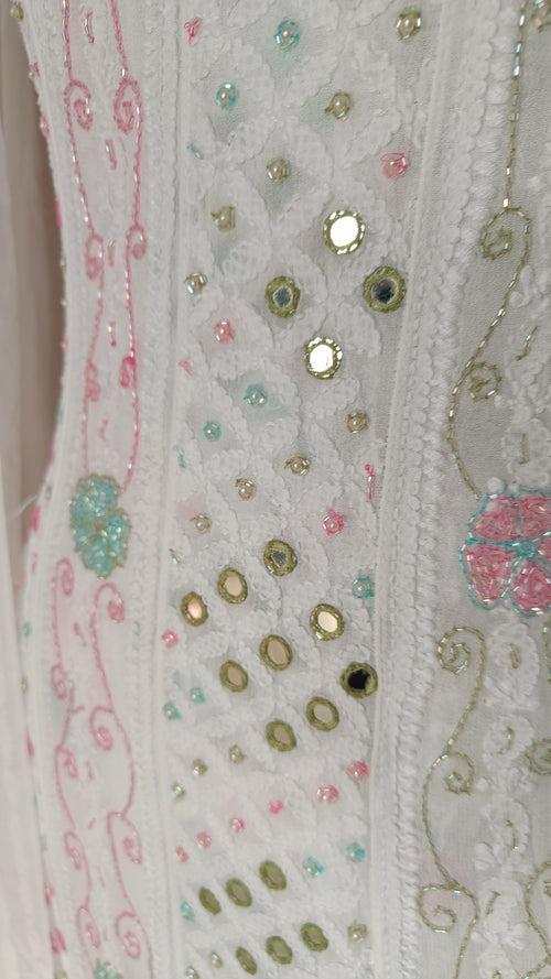 White Chikankari and Multicolored Cut Dana Mirror and Pearl Work Anarkali