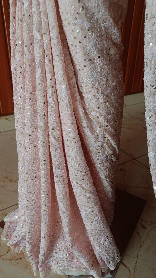 Ruhani Blush Pink 3 taar Chikankari Saree embellished with Pearl Sequins and Cut Dana